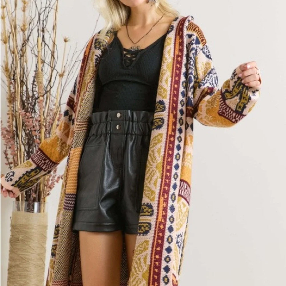 ADORA Tribal Pattern Cardigan with Fringe in Mauve Mix - Picture 2 of 5